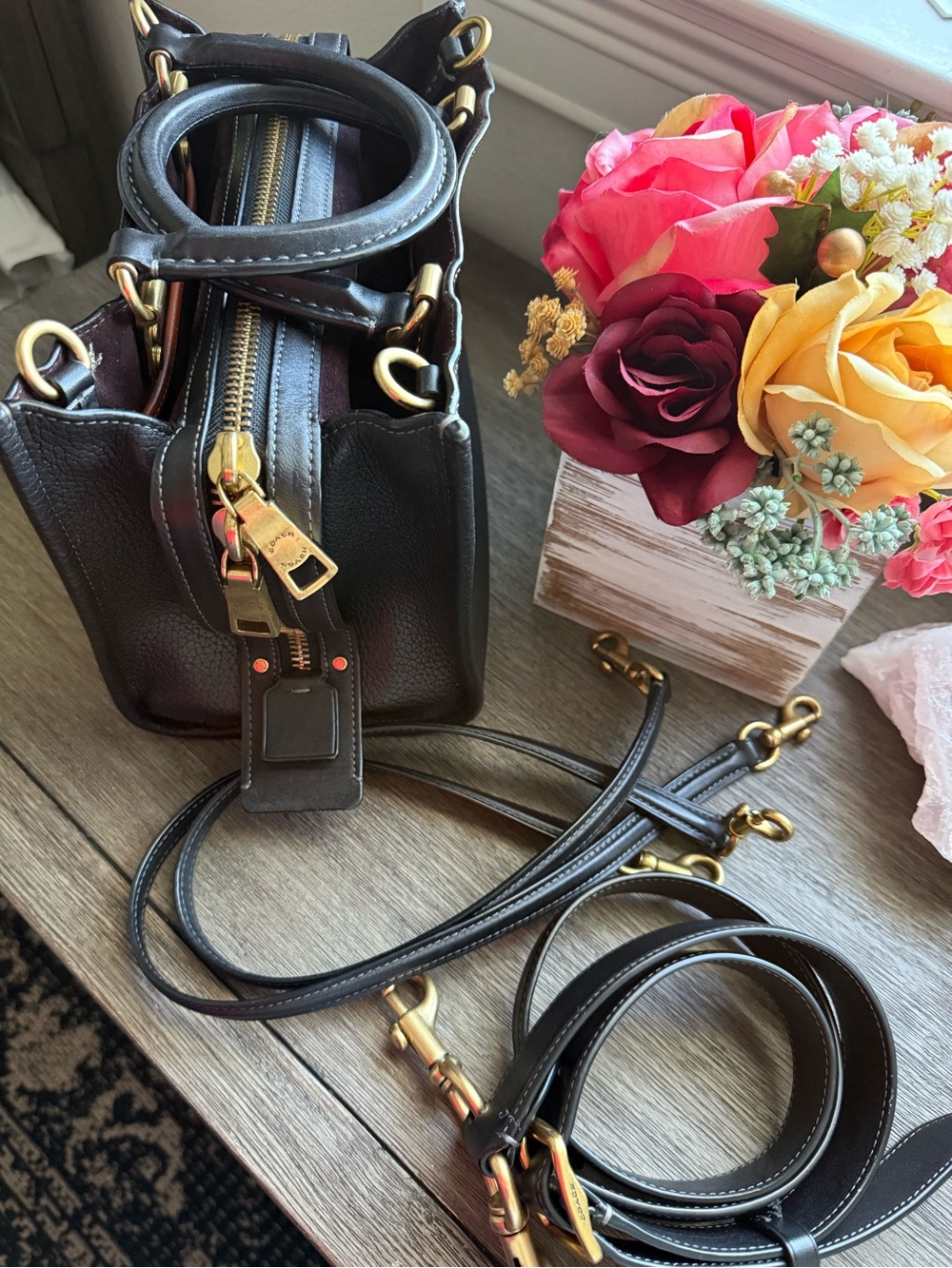 Coach Black Leather Structured Satchel with Gold Hardware